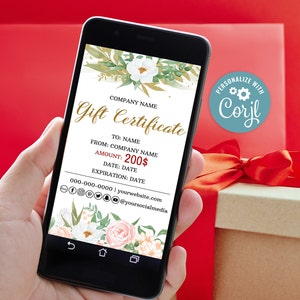 Plantilla de certificado de regalo móvil, vale de regalo electrónico floral dorado, vale de regalo editable para vacaciones, certificado de regalo virtual, vale de regalo electrónico