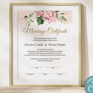Floral Heiratsurkunde Vorlage, 8x10 Heiratsurkunde, bearbeitbare Hochzeitsurkunde, Hochzeitsversprechen Andenken, Hochzeitsgeschenk, Corjl