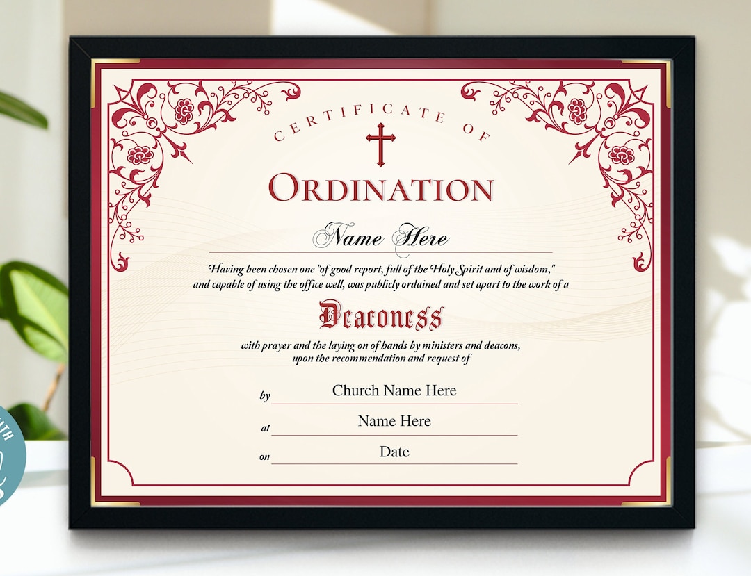 11x8.5 Deaconess Ordination Certificate Template, Ordained Minister ...