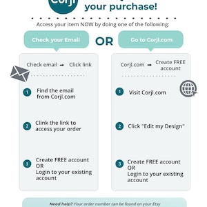May include: A white and teal graphic with instructions for accessing a purchase. The text reads "Thank you for your purchase!" and provides steps to access the item via email or Corjl.com. The Corjl logo is at the top.