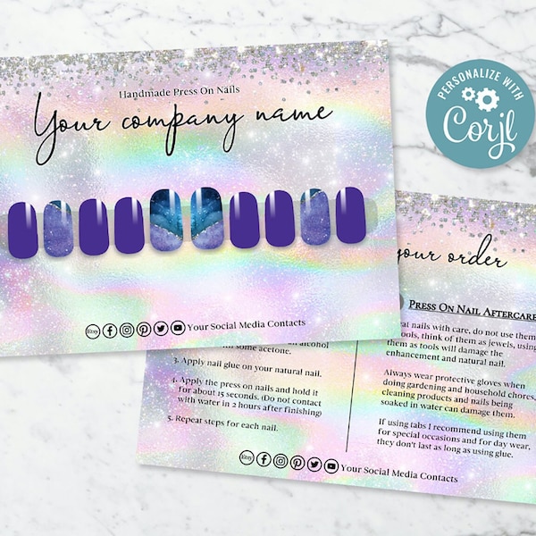 Press On Nail Sizing Kit, Press On Nail Instructions, How To Apply Press-On Nails Card, DIY Press On Nail Packaging, Holographic Editable