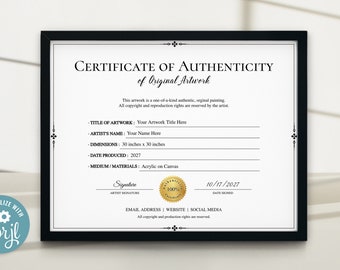Certificate of Authenticity Template, Minimalist Artwork