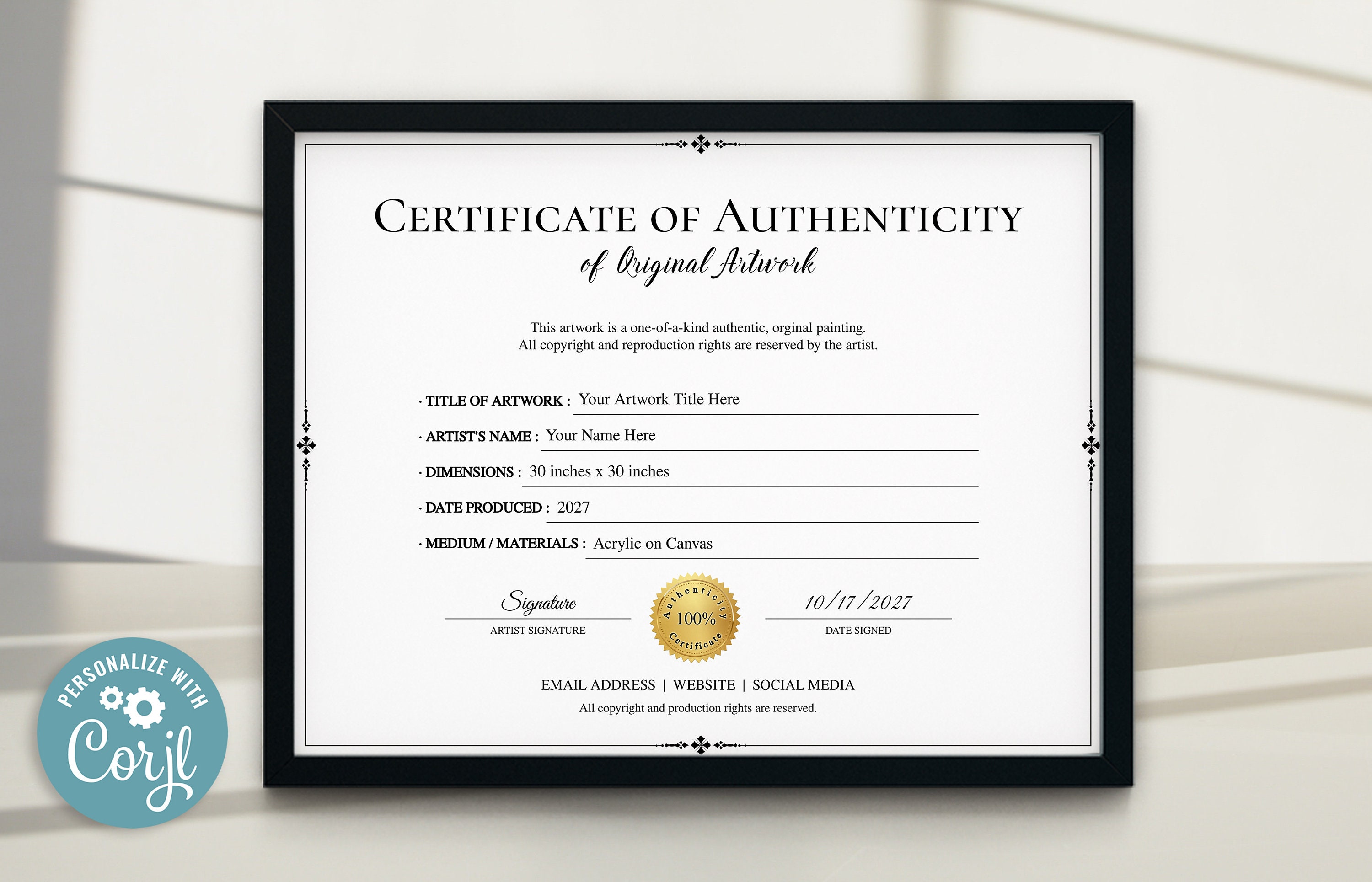 Certificate of Authenticity Template, Minimalist Artwork