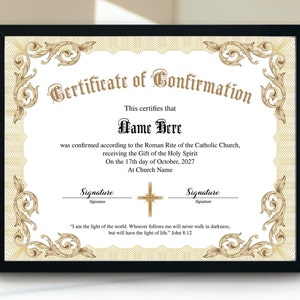 Certificado de confirmación 11x8.5, Certificado de confirmación editable imprimible, Plantilla de certificado de la Iglesia, Certificado de confirmación católica