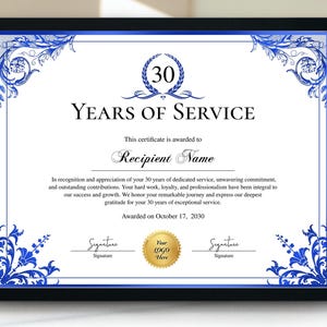 Prêmio de aniversário de 30 anos de serviço, certificado editável de reconhecimento de funcionário, prêmio de aniversário de trabalho de funcionário, certificado de apreciação