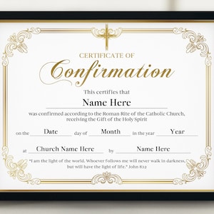 Bestätigungszertifikat, druckbares Gold Elegance Konfirmationszertifikat, Geschenke für Mädchen und Jungen katholisch, religiöse Urkunde, PPT, PDF