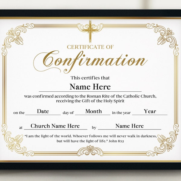 Confirmation Certificate, Printable Gold Elegance Confirmation Certificate, Gifts for girl and boy catholic, Religious Certificate, PPT, PDF