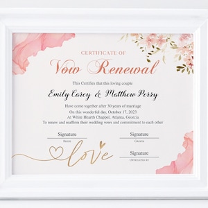 Plantilla de certificado de renovación de votos, certificado de compromiso matrimonial imprimible, plantilla de certificado de boda editable, regalo de renovación de votos matrimoniales