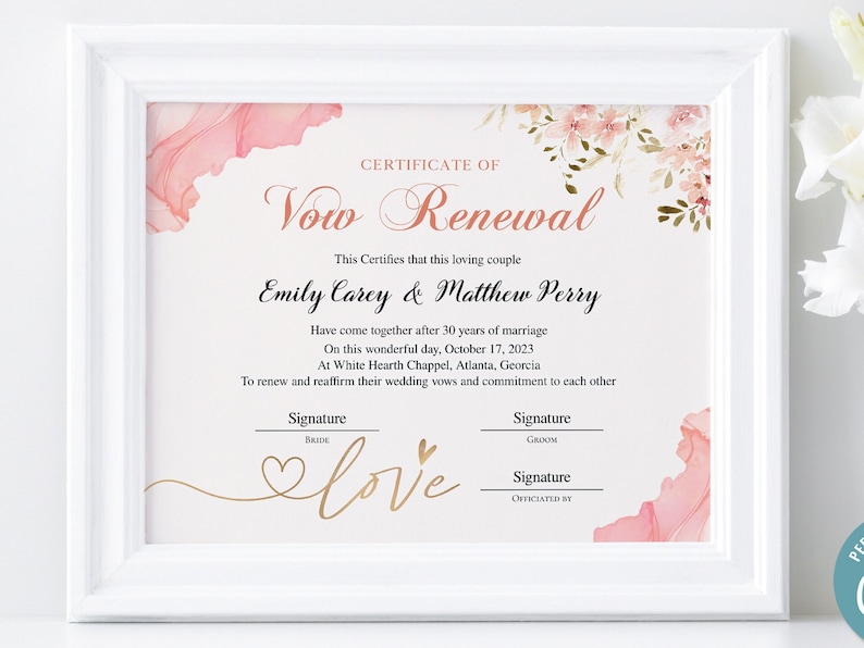 Vow Renewal Certificate Template, Printable Marriage Commitment ...