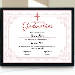 Modelo de certificado de madrinha, certificado de madrinha editável para impressão, certificado de batismo, certificado de padrinhos de presente elegante rosa