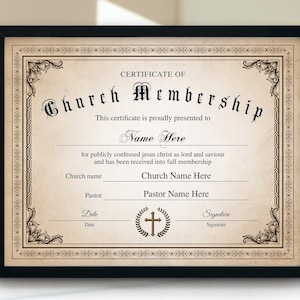 Certificado de membresía de la iglesia, certificado de membresía editable imprimible 11x8.5, certificado de nuevo miembro, descarga instantánea de plantillas de iglesia