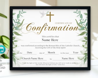 Konfirmationsurkunde, Kirchenbüromaterial, bearbeitbare und druckbare Konfirmationszertifikatvorlage, Geschenke für Mädchen und Jungen katholisch