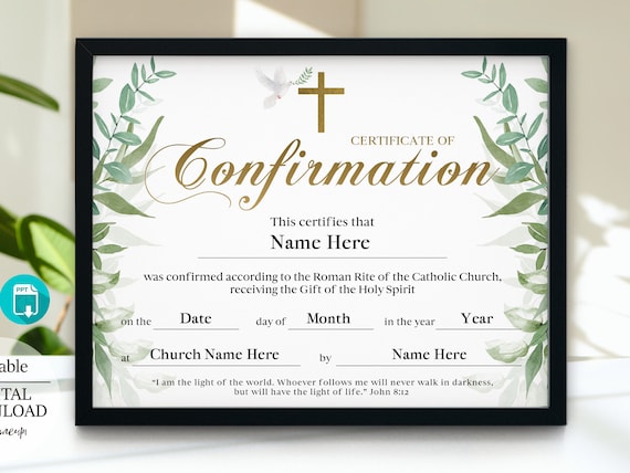 Confirmation Certificate Church Office Supplies Editable and - Etsy