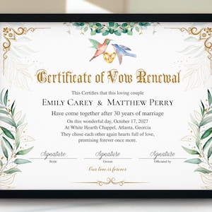 Plantilla de certificado de renovación de votos, regalo de aniversario imprimible, certificado de renovación de votos matrimoniales, documento imprimible personalizable, regalo para parejas