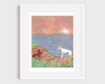 Whippet/greyhound on the cliffside over the sea A4 print
