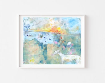 Whippet/greyhound print of a white hound on a Summers day in a abstract sunset A4 print