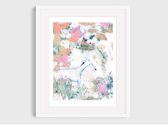 Whippet/greyhound print of a hound in bright & colourful abstract foliage A4 print