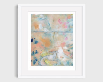 Whippet/greyhound print of a white hound in mid jump positioned on an abstract beach with a winding path A4 print