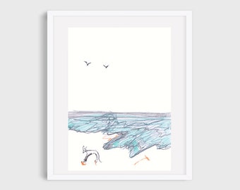 Whippet/greyhound print of a lone long dog at the seaside A4 print