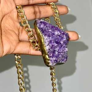 Raw Amethyst Necklace – Handsculpted Polymer Clay Pendant with Gold Accents | Third Eye & Crown Chakra Crystal | Intuitive Healing Jewelry