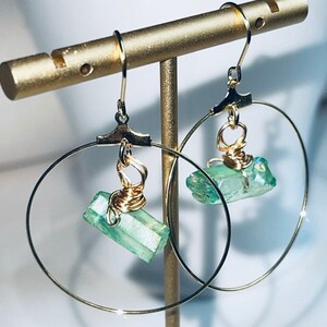 Handmade Gold Filled Hoop Earrings: Green Quartz Crystal Jewelry