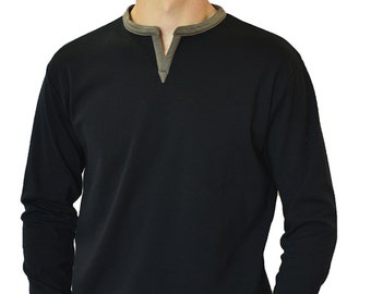 Men&#39;s Long Sleeve Henley Slit Banded Notch V-Neck Shirt - Soft Cotton Blend, Stretch, Wrinkle-Free  | Black with Dark Brown Earth Tone