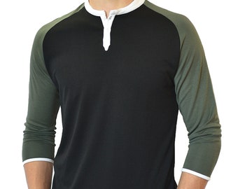 Men&#39;s Super Soft Henley 3/4 Mid Sleeve, 3-Button Collar, Wrinkle-Free, Lightweight, Breathable Shirt | Black & Dark Green w/ White Trim