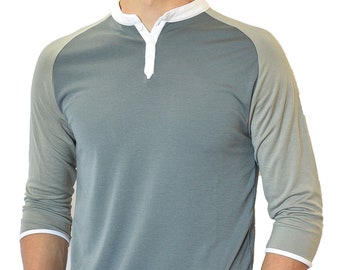 Men&#39;s Super Soft Henley 3/4 Mid Sleeve, 3-Button Collar, Wrinkle-Free, Lightweight, Breathable Shirt | Dark Gray & Taupe w/ White Trim