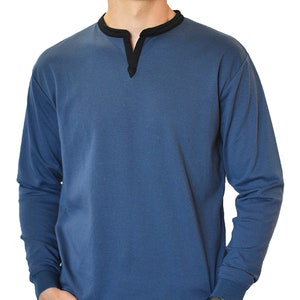 Men's Long Sleeve Henley Slit Banded Notch V-neck Shirt