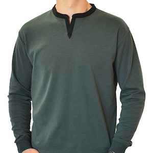 Men&#39;s Long Sleeve Henley Slit Banded Notch V-Neck Shirt - Soft Cotton Blend, Stretch, Wrinkle-Free  | Dark Green with Black Earth Tones