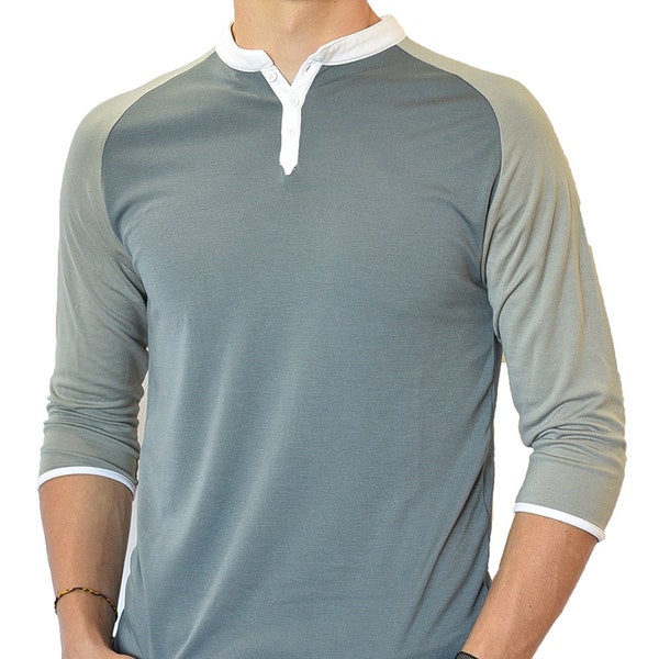 Men's Super Soft Henley 3/4 Mid Sleeve, 3-Button Collar, Wrinkle-Free, Lightweight, Breathable Shirt | Dark Gray & Taupe w/ White Trim