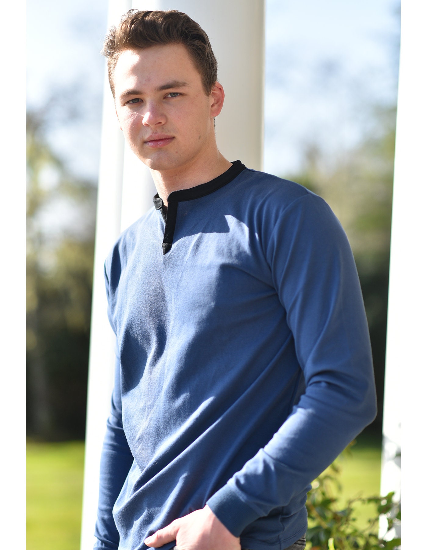 Men's Long Sleeve Henley Slit Banded Notch V-neck Shirt