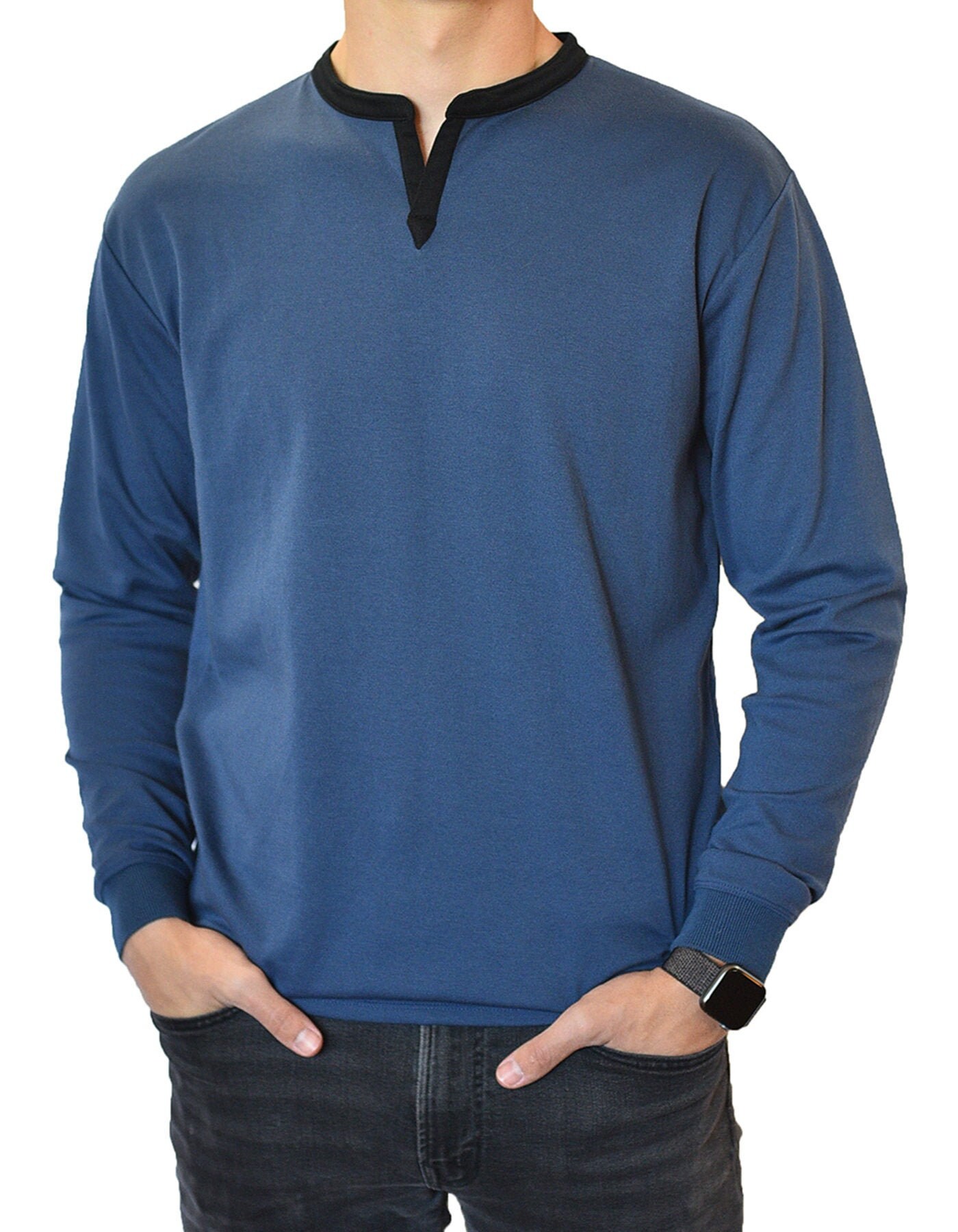 Men's Long Sleeve Henley Slit Banded Notch V-neck Shirt