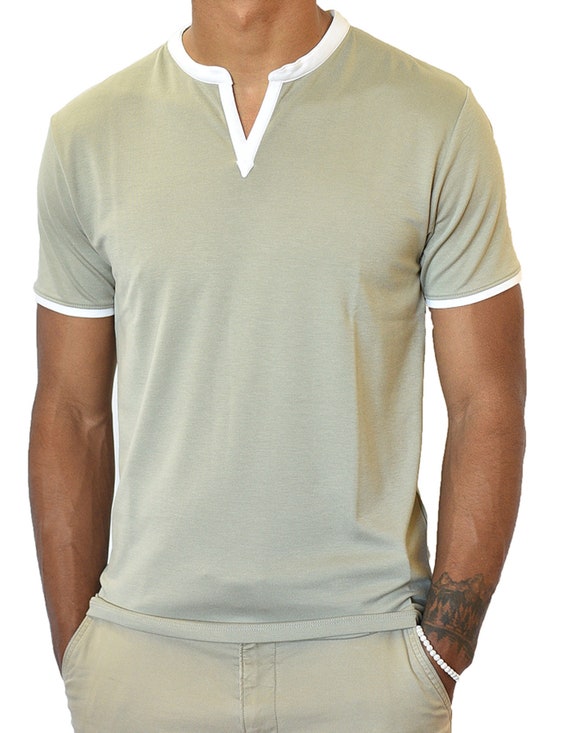 【YOURNUS】Earth Henley Neck Half Sleeve Men's Short Sleeve Henley V-neck Banded Notch Collar Shirt