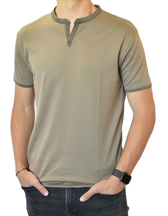 トップス 90s unkown Border Henley Neck Shirt Men's Short Sleeve Henley V-neck Banded Notch Collar Shirt