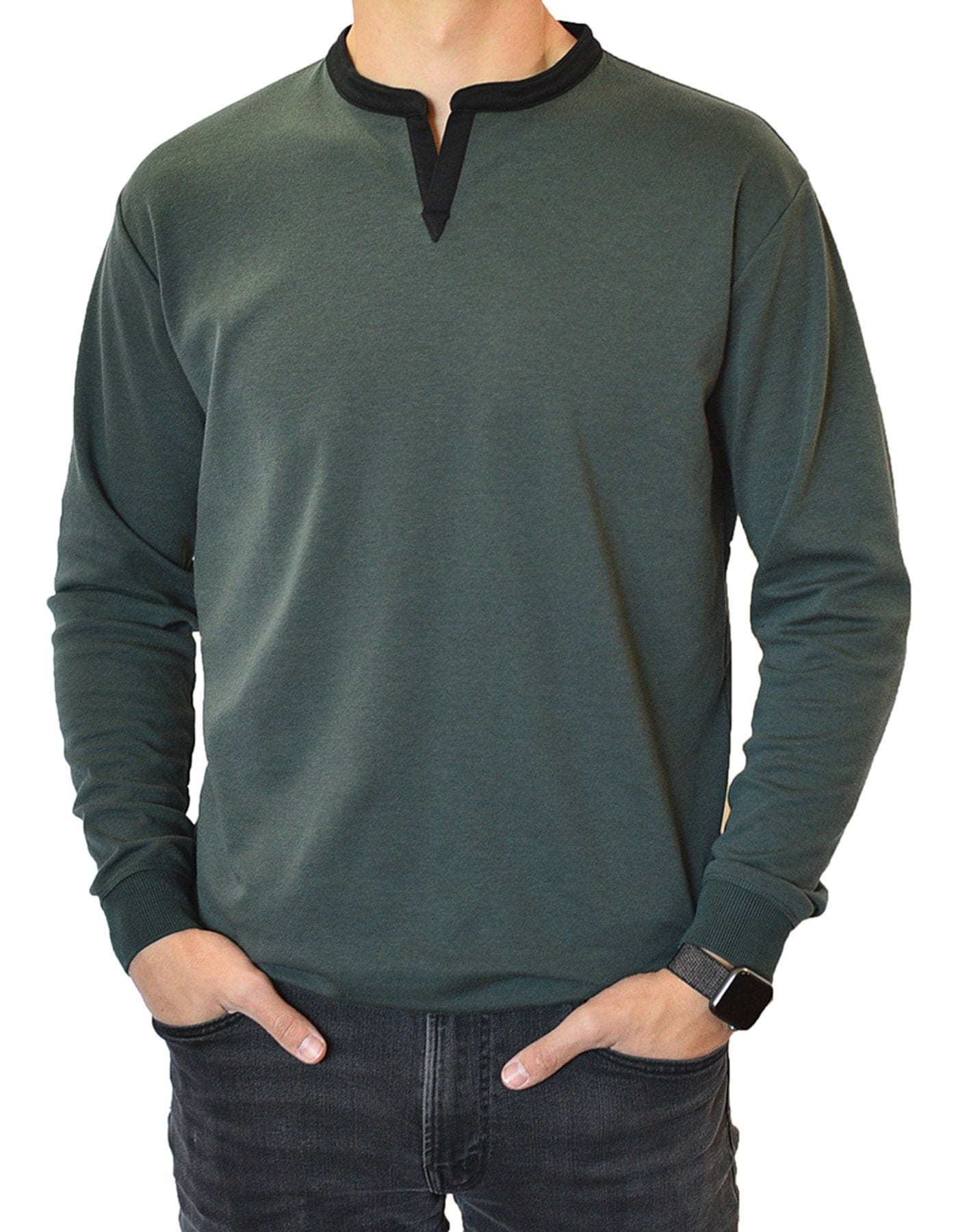 Men's Long Sleeve Henley Slit Banded Notch V-neck Shirt