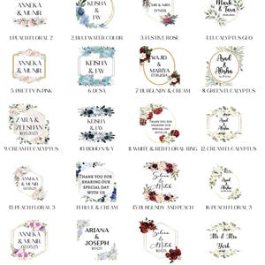 May include: A grid of 20 different wedding favor designs with floral and geometric patterns. Each design features a couple's names and wedding date. The designs include peach floral, blue water color, festive rose, eucalyptus geo, pretty in pink, boho navy, white and red floral ring, cream eucalyptus, burgundy and peach, blush blue, violet roses, and more.