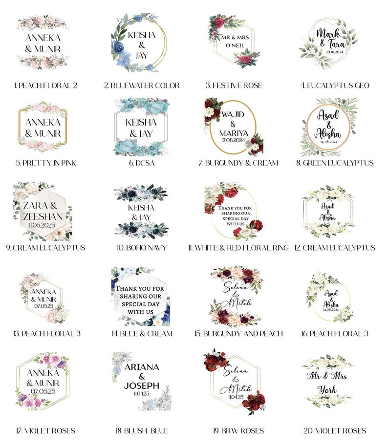 May include: A grid of 20 different wedding favor designs with floral and geometric patterns. Each design features a couple's names and wedding date. The designs include peach floral, blue water color, festive rose, eucalyptus geo, pretty in pink, boho navy, white and red floral ring, cream eucalyptus, burgundy and peach, blush blue, violet roses, and more.