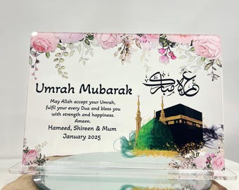 Personalized Umrah Mubarak Acrylic Plaque: Islamic Gift, Peach Floral