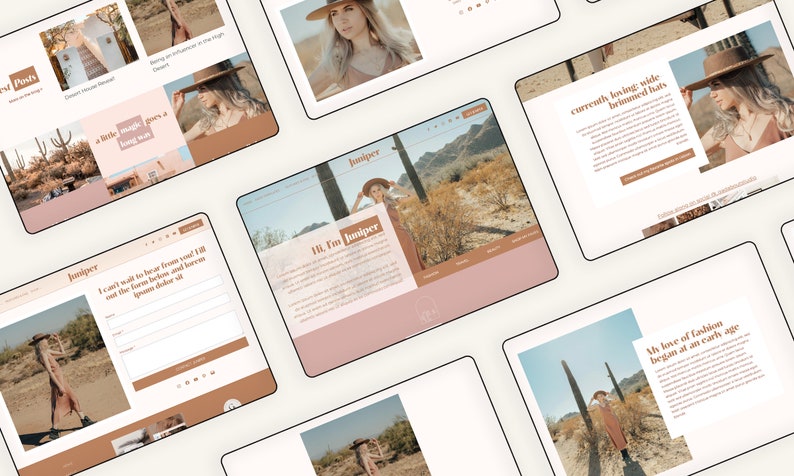 May include: A website homepage with the title "Juniper" and a photo of a woman wearing a wide-brimmed hat and a long dress standing in a desert landscape. The text "Hi, I'm Juniper" is also visible on the page.