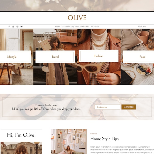 Feminine WordPress Lifestyle Theme | WordPress Blog Theme | WordPress Fashion, Beauty, Influencer Template | WordPress For Bloggers | Olive