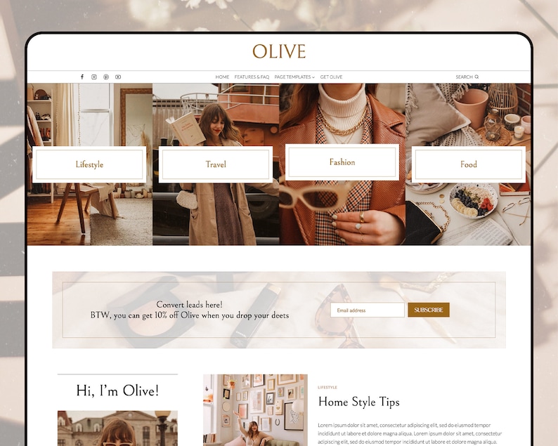 Feminine WordPress Lifestyle Theme | WordPress Blog Theme | WordPress Fashion, Beauty, Influencer Template | WordPress For Bloggers | Olive 