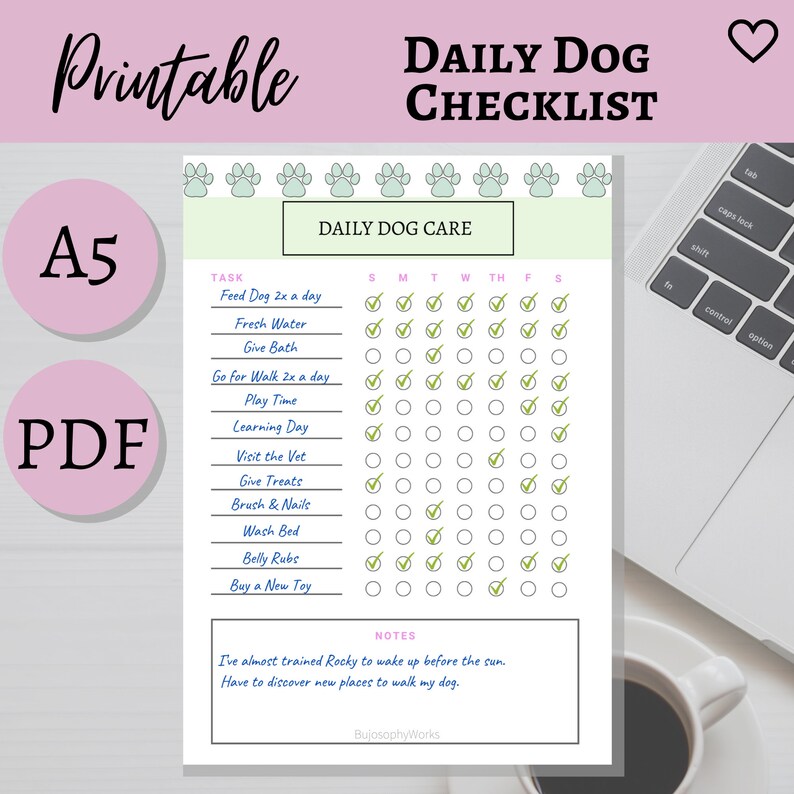 Printable Dog Weekly & Daily Checklist Insert Dog Care Etsy
