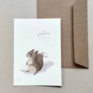 Postkarte zur Geburt mit Eichhörnchen, Geburtskarte, Willkommen auf der Welt, Grußkarte