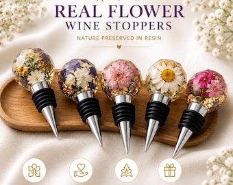 Tapón de vino con flor natural / Tapón de botella de resina hecho a mano / Regalo de flor prensada / Regalo de vino personalizado / Regalo de inauguración de casa / Decoración de bar única
