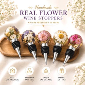 Real Flower Resin Wine Stopper | Handmade Gold Accented Bar Decor