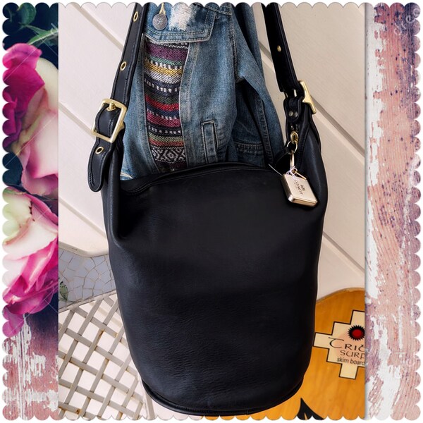 Coach Black Leather XL Bucket Duffle / Feed Sac Bag 9085  FREE SHIPPING