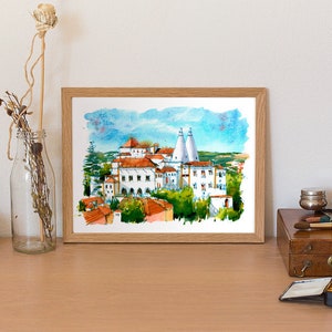 May include: Watercolor painting of a white building with red tile roofs and two tall white towers. The building is surrounded by trees and a blue sky with white clouds.