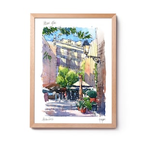 Illustratie Gotische wijk, aquarel Museu Marés, schilderij Barri Gòtic Barcelona, kunst van Barcelona, decoratie Barcelona, oude binnenstad van Barcelona