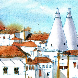 May include: Watercolor painting of a cityscape with white buildings and red tile roofs. Two tall, white, cone-shaped structures are in the background.